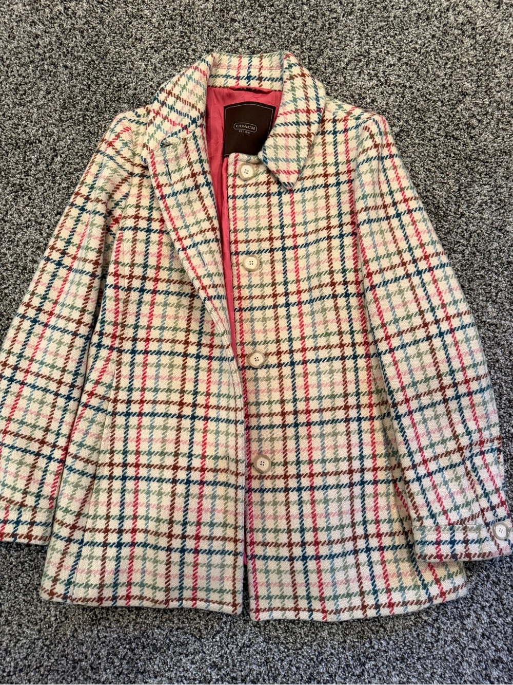Coach Multicolor Plaid Wool Blend Pea Coat in Cream with Pink & Blue Accents